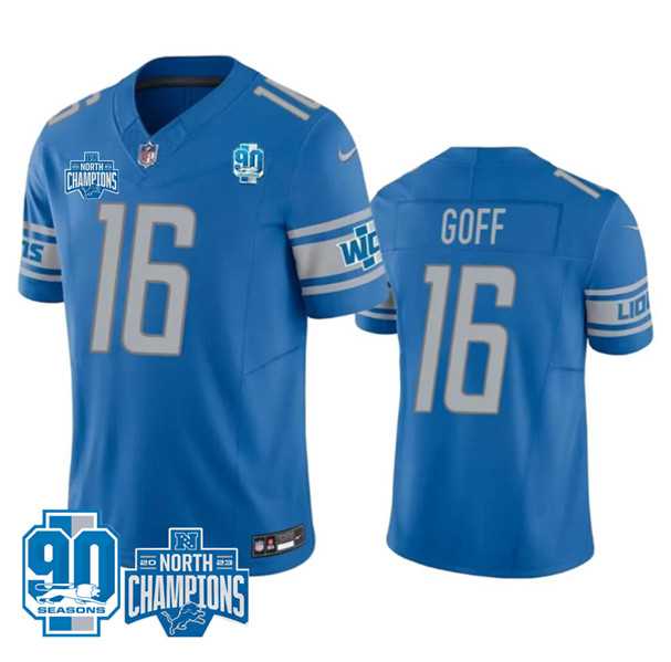 Men & Women & Youth Detroit Lions #16 Jared Goff Blue 2023 90th Anniversary North Division Champions Patch Limited Stitched Jersey,We sell and wholesale Men & Women & Youth Detroit Lions #16 Jared Goff Blue 2023 90th Anniversary North Division Champions Patch Limited Stitched Jersey on line form chian!